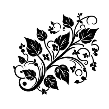 Elegant Monochrome Floral A Detailed Black Vine with Leaves, Berries, and Spirals on a White Background. vector