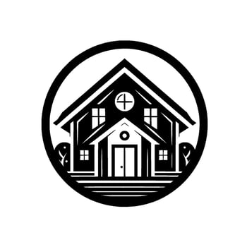 Stylized Black White House Illustration Within a Circle, featuring a cross symbol, symmetrical , and minimalist aesthetic. vector