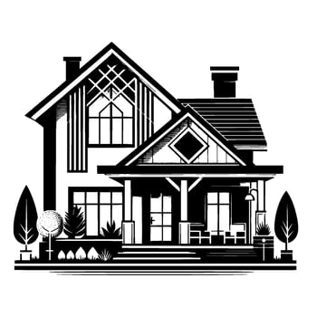 Minimalist blackandwhite illustration of a cozy twostory house with porch, chimney, and stylized landscaping. vector
