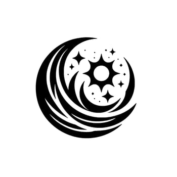Abstract black and white circular depicting crescent moons and stars surrounding a sunburst, against a white background. vector