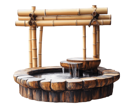 A bamboo fountain with a water feature and a wooden bench png