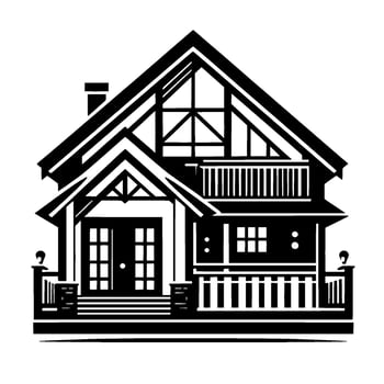 Modern Monochrome House Illustration A Geometric Black and White of a Charming Home with Balcony, Porch, and Chimney. vector