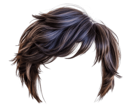 Layered shaggy wig with dark brown and blue highlights, isolated on transparency background, perfect for stylish looks and creative hairstyles png