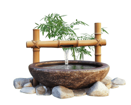 Japanese bamboo fountain with flowing water, surrounded by stones and bamboo plants, creates serene and tranquil atmosphere. This decorative feature enhances any garden or outdoor space png