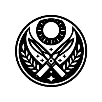 Black and White Circular Crest Crossed Swords, Celestial Sun, Laurel, and Stars in a Clean Minimalist . vector