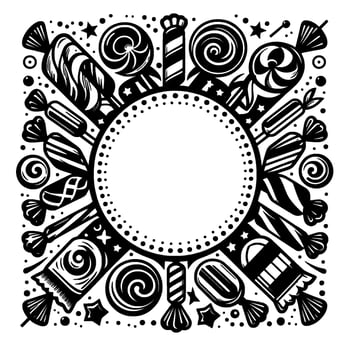 Decorative Black and White Candy Border with Lollipop, Hard Candy, and Sweet Treats Framing an Empty Circle. vector