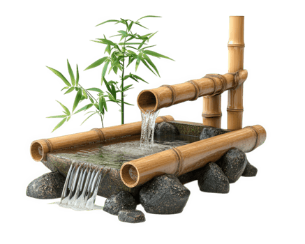 A bamboo water fountain with a bamboo plant png