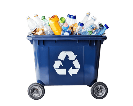 A blue recycling bin filled with bottles and cans png