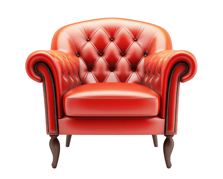 modern red armchair with tufted design and wooden legs, perfect for stylish interiors. This elegant piece adds pop of color and comfort to any room png