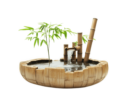 Japanese bamboo fountain with small plant, creating serene water feature. This decorative piece adds tranquility and natural beauty to any space png