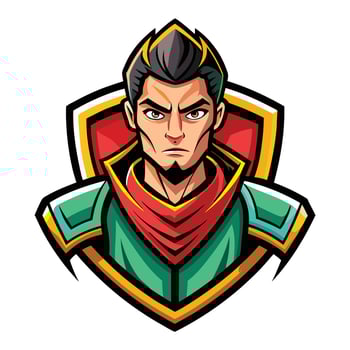 Fierce warrior character portrait, stylized graphic design with a shield emblem vector