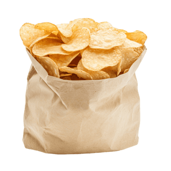 Bag of potato chips snack food crispy delicious golden isolated on transparent background png