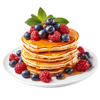 Delicious pancakes with fresh berries and dripping syrup isolated on transparent background png