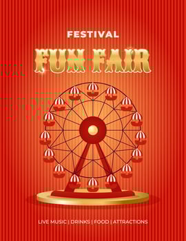 Colorful retro festival fun fair invitation banner. Ferris wheel in flat style. Background for advertising banner, poster, flyer, post and more. Vintage illustration vector