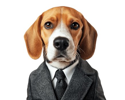 Beagle dog wearing suit, looking serious and sophisticated against transparency background. This charming canine exudes confidence and style png