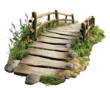 A wooden bridge over a stream with flowers and grass png