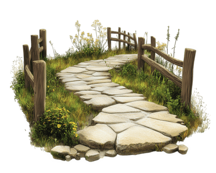A stone path in the grass with a fence png
