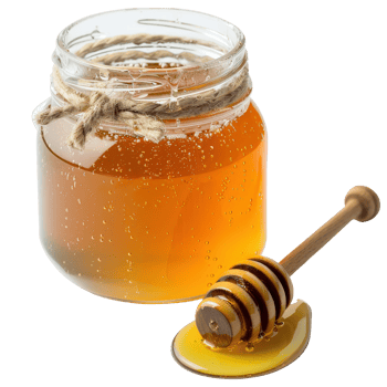 Honey in a Glass Jar with Wooden Dipper, Bubbles, Natural Sweetener, Organic Product, Healthy Food, Isolated on White Background png