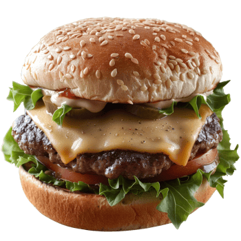 Juicy Cheeseburger with Fresh Lettuce, Tomato, Pickles, and Sesame Seed Bun Against a White Background png