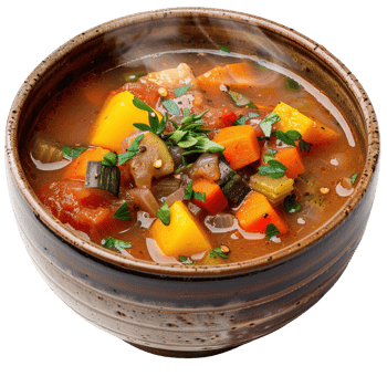 Colorful Vegetable Soup in Rustic Bowl with Fresh Herbs, Steam Rising, Healthy Meal Concept in Bright Light Setting png