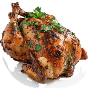 Juicy and Flavorful Roast Chicken Garnished with Fresh Parsley on a White Plate Ready for a Delicious Meal png