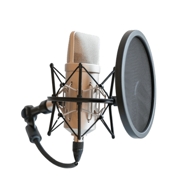 Professional microphone with pop filter and shock mount in a studio setting for recording png