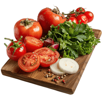 Fresh Vegetables on Wooden Cutting Board with Tomatoes, Greens, and Sliced Onions png