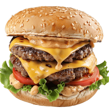 Delicious Triple Cheeseburger with Lettuce, Tomato, and Special Sauce on Sesame Seed Bun png