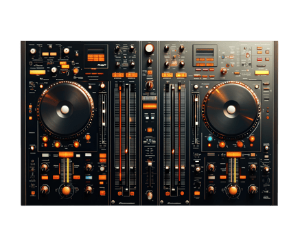 DJ mixer with two turntables and multiple controls for sound mixing, featuring sleek black design with orange accents. Ideal for professional DJs and music enthusiasts png