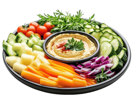 A plate with a bowl of vegetables and hummus png
