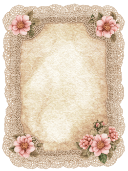 a vintage frame with delicate lace and floral decorations. It has a rustic and elegant feel with a blank center for text or images png