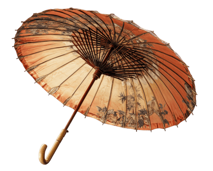 Elegant orange parasol with intricate floral designs and wooden handle, perfect for outdoor events or sun protection png
