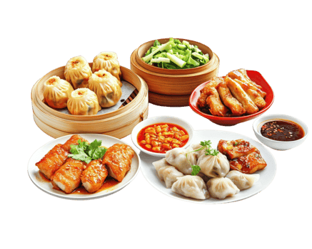 A variety of dishes including dumplings, rice and vegetables png