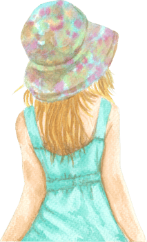 A cute girl wearing a colorful hat with long hair on blue dress that is drawn and painted by hand in watercolor fine art style png