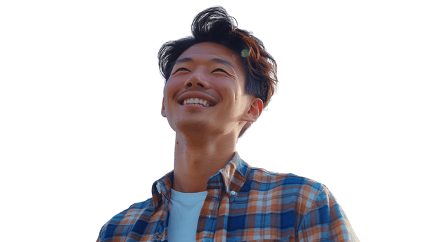 Smiling Man Wearing a Checked Shirt on Transparent. Asian, Chinese, Japanese, Korean, Asia, Japan, Korea, China, Male, Person, Smile, Happy, Portrait, Face, Fun, Handsome png