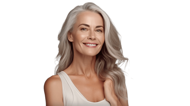 Elegant Middle-Aged Woman Smiling on Transparent Background. Wellness, Confidence png