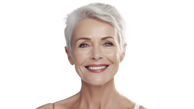 Elegant Middle-Aged Woman Smiling on Transparent Background. Wellness png