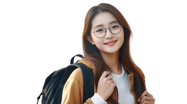 Happy Asian Schoolgirl with Backpack and Glasses Isolated on Transparent. Studying, Knowledge png