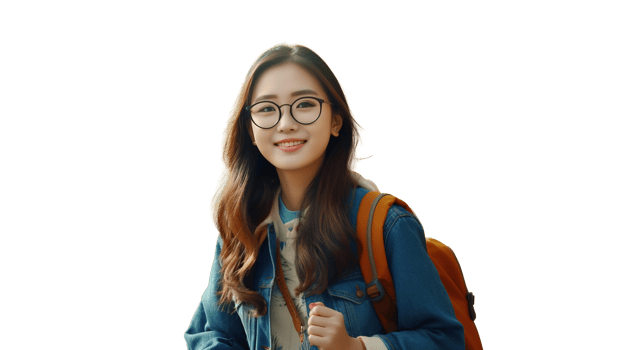 Smart Asian Student Girl with Backpack and Glasses on Transparent Background. Education png