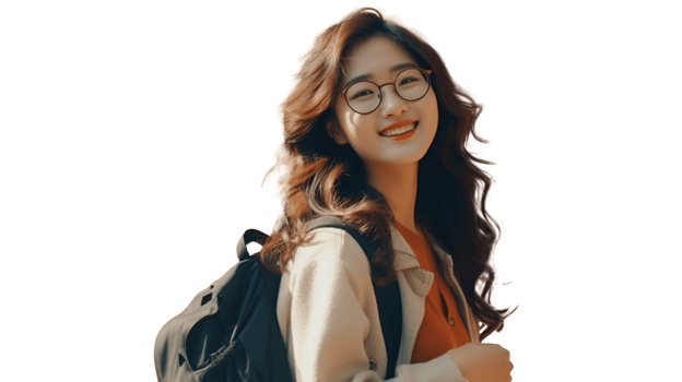Beautiful Student Asian Girl with Backpack and Glasses in Transparent. Education png