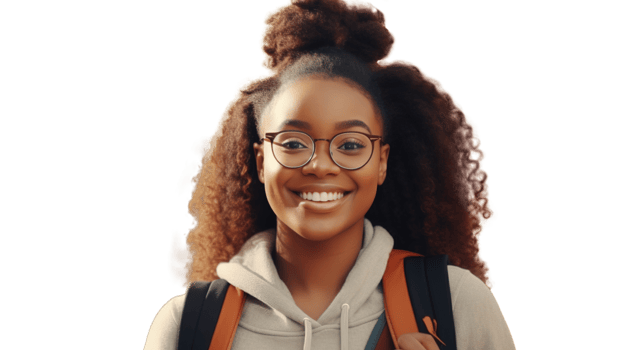 Happy Young Black Woman with Glasses and Backpack Isolated on Transparent. Study, School png