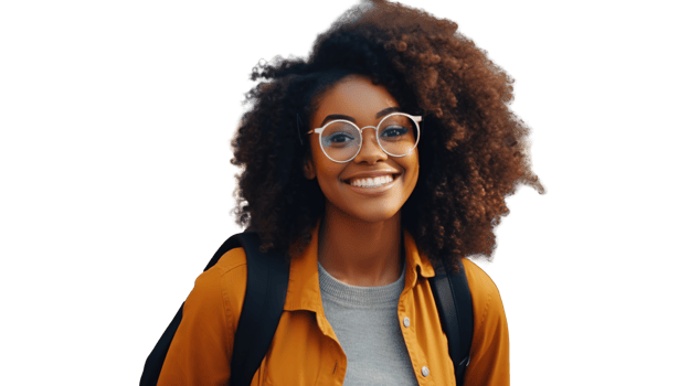 Smiling Black Student Girl with Backpack and Glasses on Transparent Background. Education png