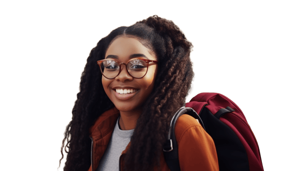 Beautiful Student Black Girl with Backpack and Glasses in Transparent. Education png