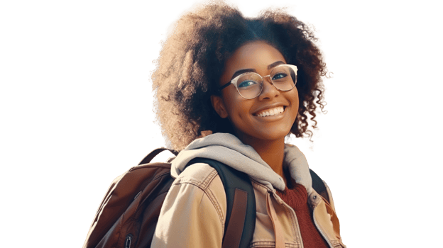 Smiling Black Student Girl with Backpack and Glasses on Transparent Background. Education, Learning png