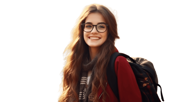 Cheerful Young Student Girl Wearing Glasses and Backpack on Transparent. Study png