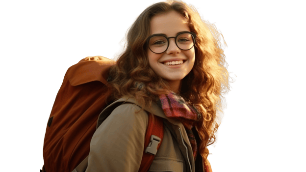 Beautiful Student Smiling Girl with Backpack and Glasses in Transparent. Education png