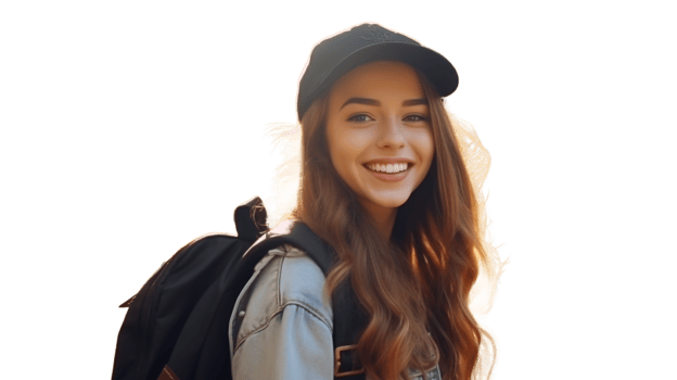 Beautiful Student Smiling Girl with Backpack and Glasses in Transparent. Education Learning png
