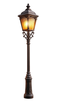 Elegant outdoor lamp with vintage design, featuring warm glowing light. Perfect for enhancing garden or pathway aesthetics png