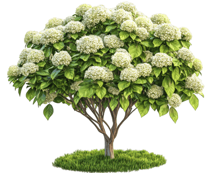 lush hydrangea bush with vibrant white flowers and green leaves, set against transparent background, exuding fresh and natural ambiance png