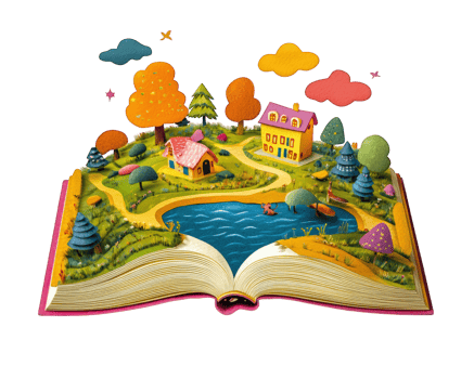 An open book with a house and trees on it png